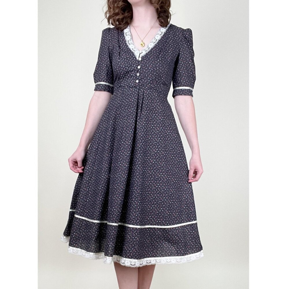Vintage 70s Puff Sleeve Midi Dress Cottagecore Prairie Floral Print Lace Western
